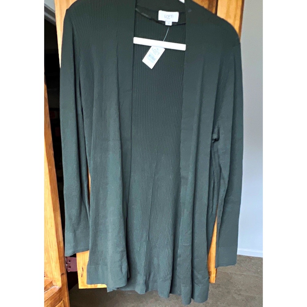 LOFT Outlet Women's Army Green Solid Ribbed Knit Cotton Open Front Cardigan L